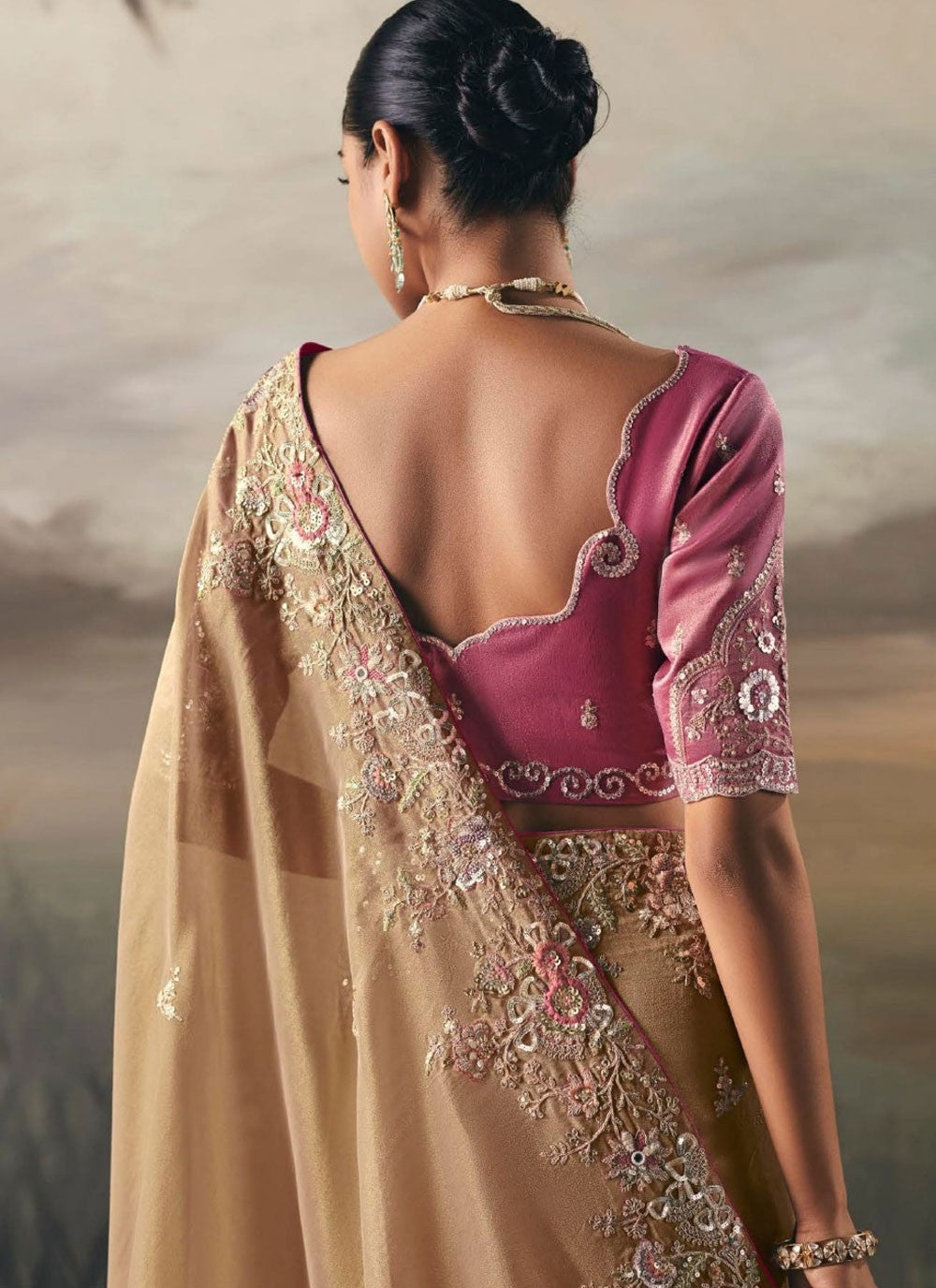 Cream Tissue Contemporary Saree Embroidered, Resham, Thread S20405