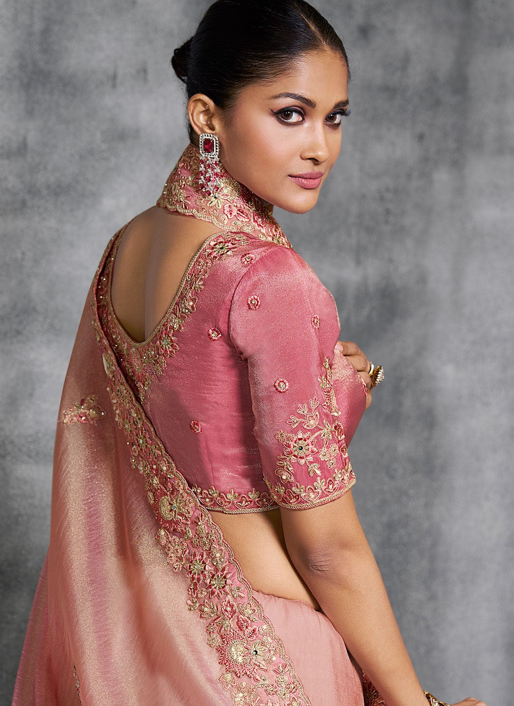 Pink Tissue Contemporary Saree Embroidered, Resham, Thread S19894