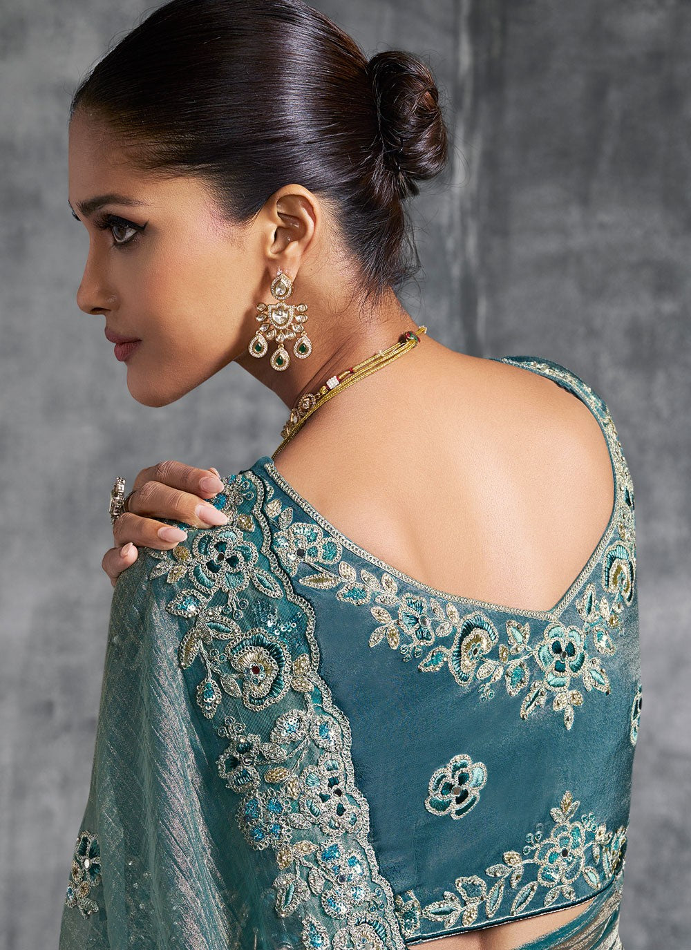 Turquoise Tissue Classic Saree Embroidered, Resham, Thread S19896