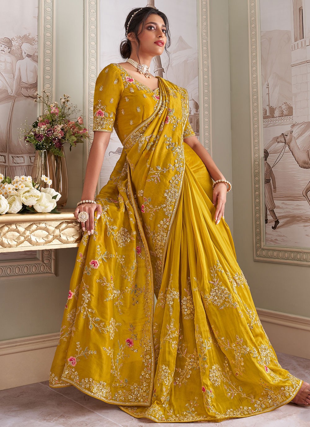 Green Tissue Designer Saree Embroidered, Sequins, Stones, Zari S17436