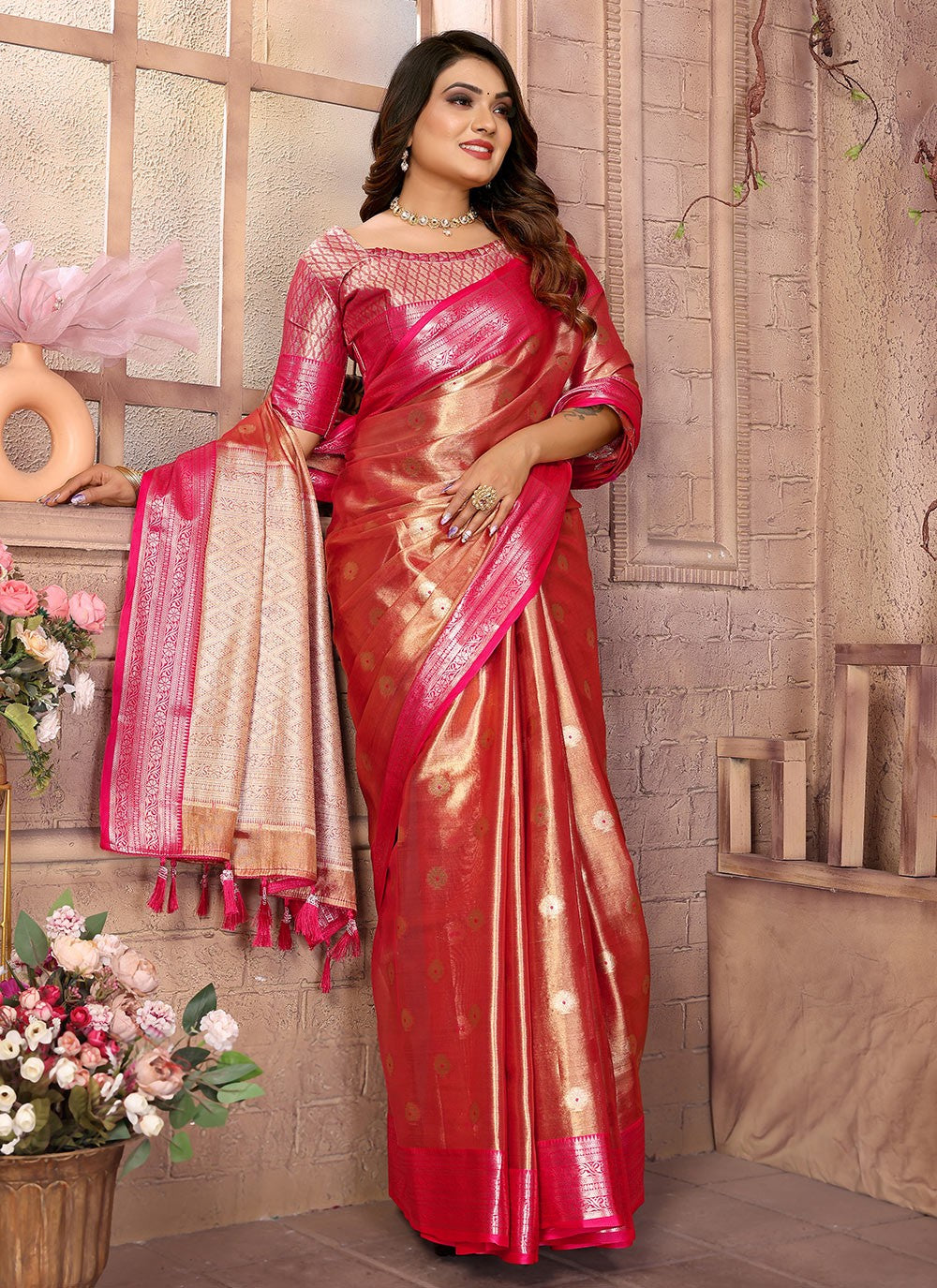 Woven Silk Orange Saree S14617