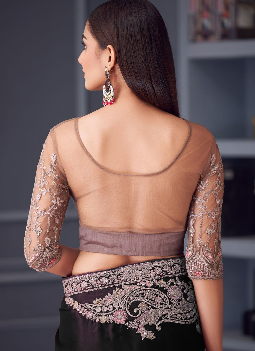 Embroidered Satin Silk Black Saree S14589