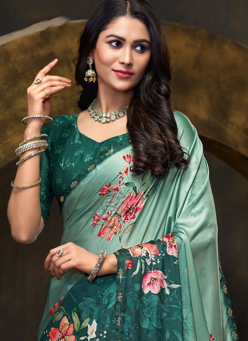 Traditional Digital Print Morpeach, Teal Satin Silk Saree S13239