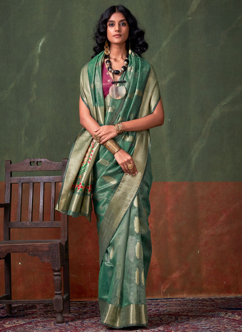 Weaving Zari Silk Sea Green Saree S13848