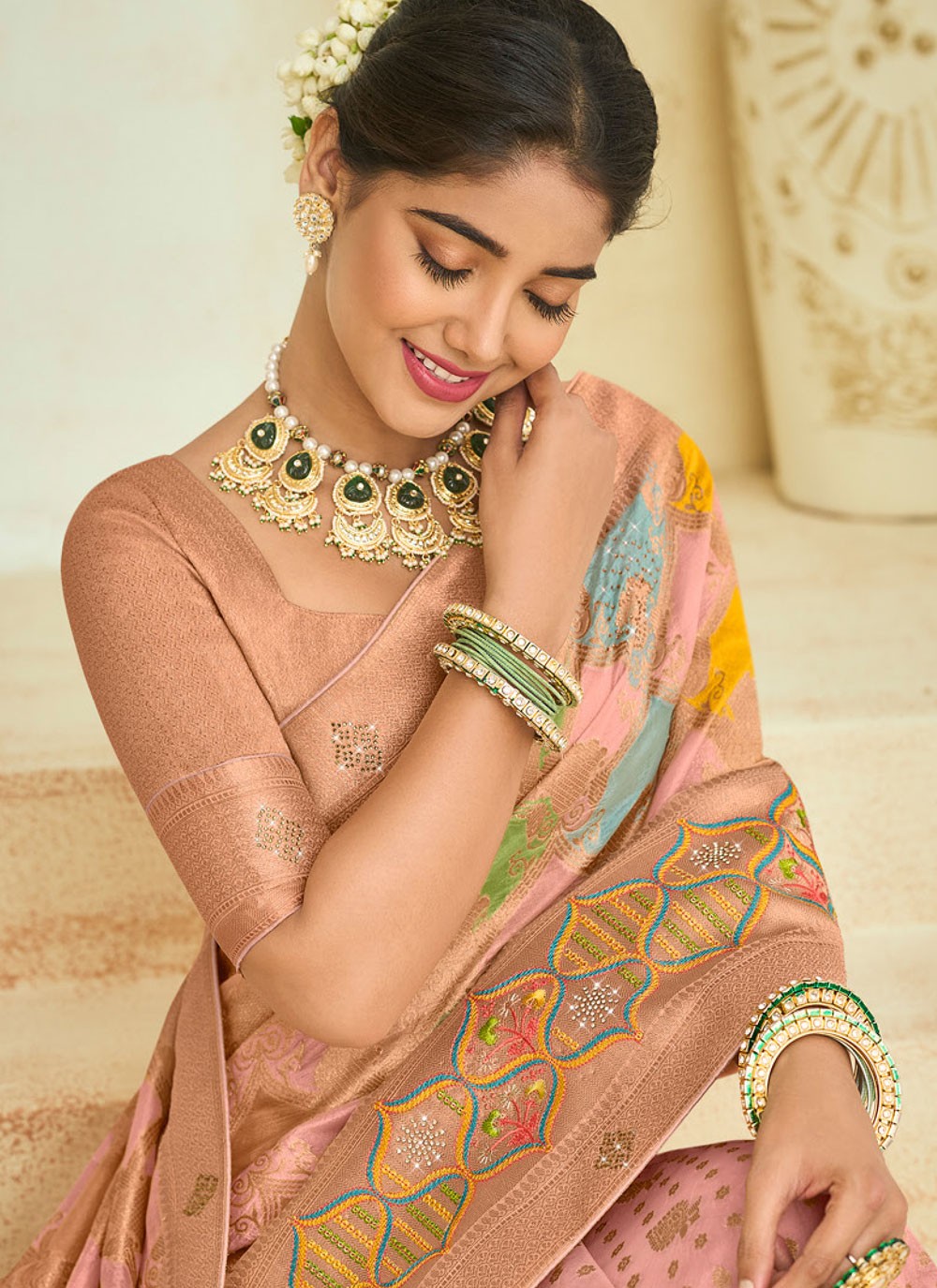 Traditional Embroidered Pink Silk S12489
