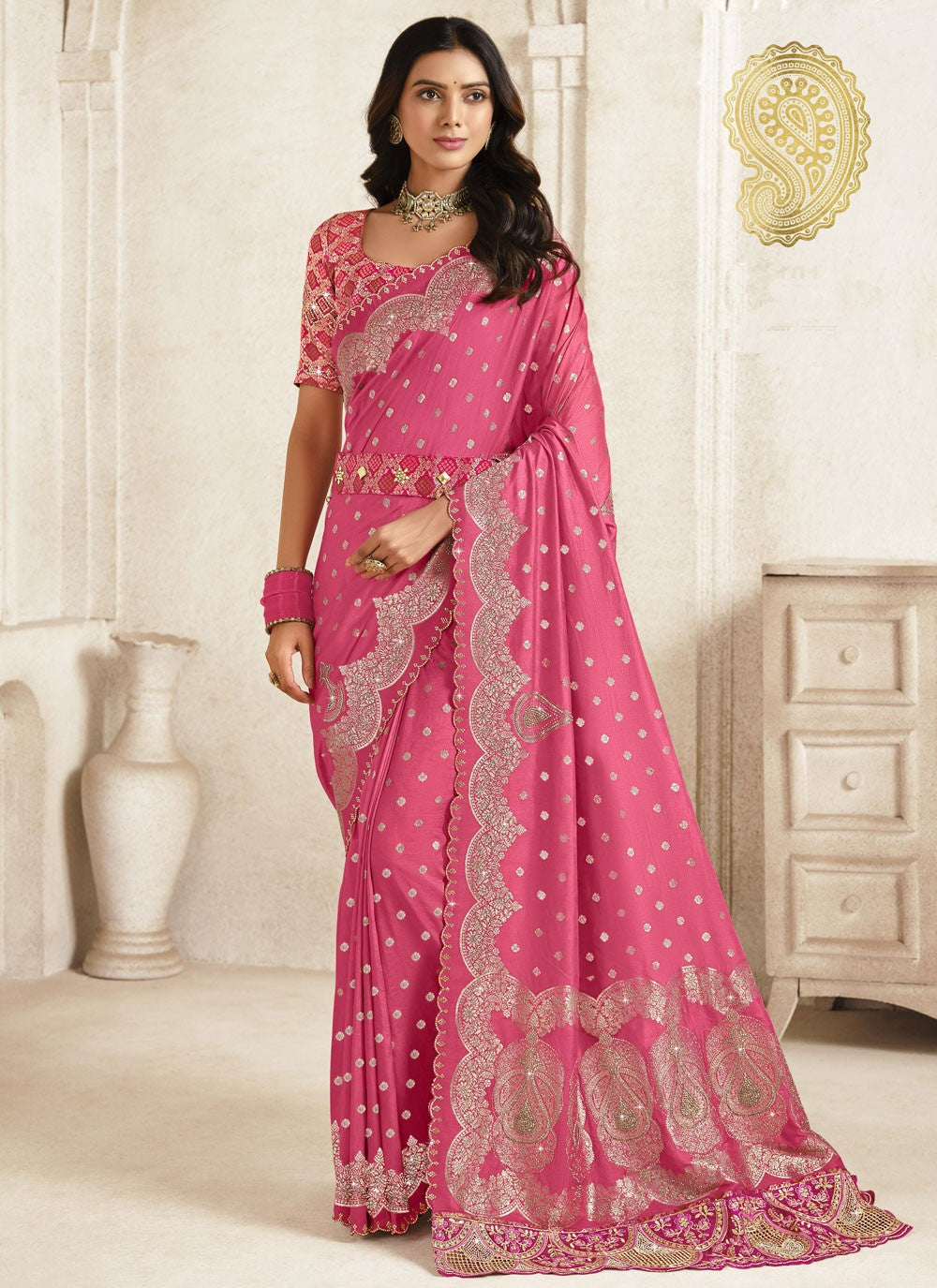 Traditional Cut Work Pink Silk Saree S12856