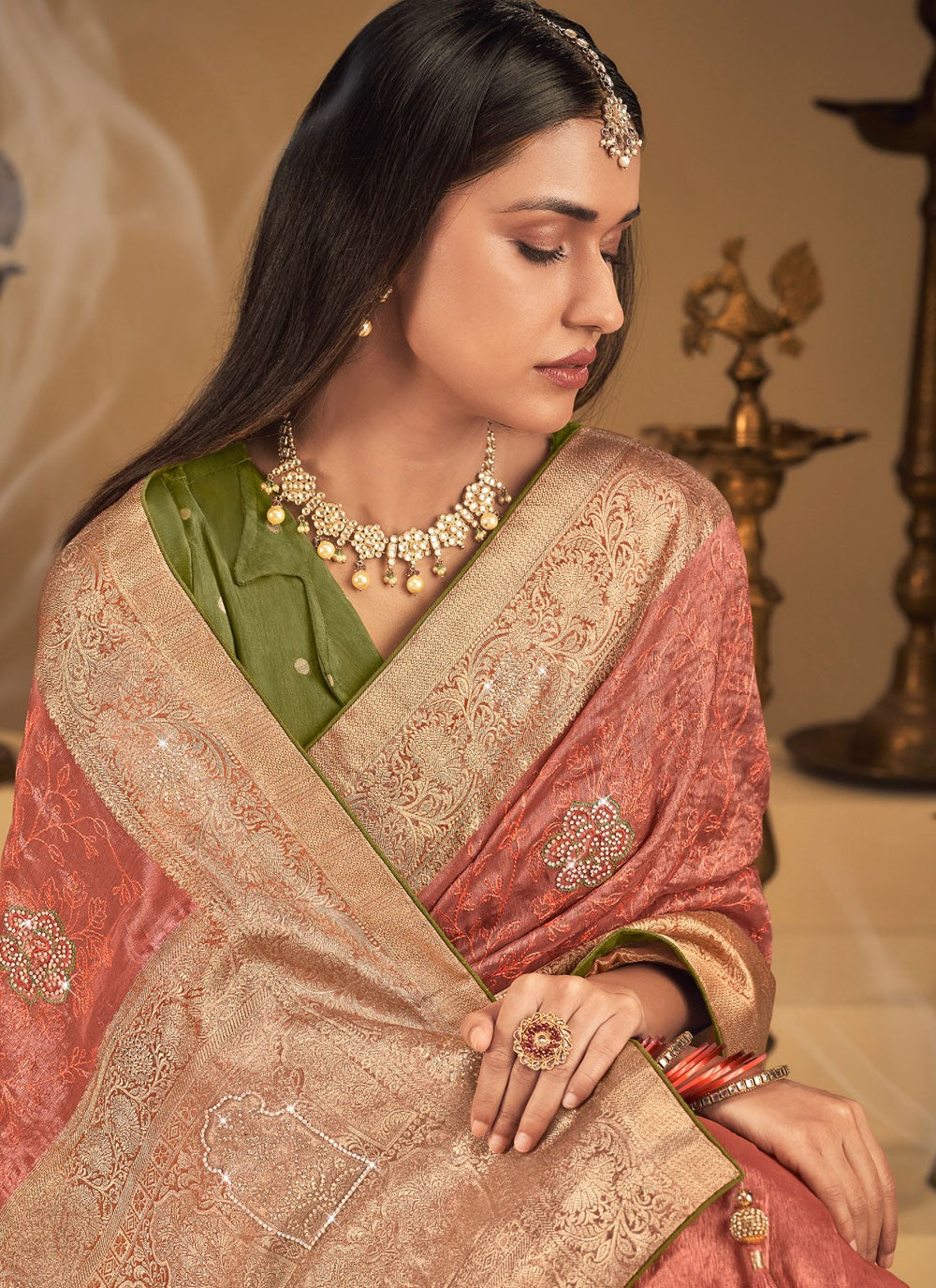Pink Silk Traditional Saree Embroidered, Fancy Work, Stones, Swarovski, Weaving Zari, Zari S19458