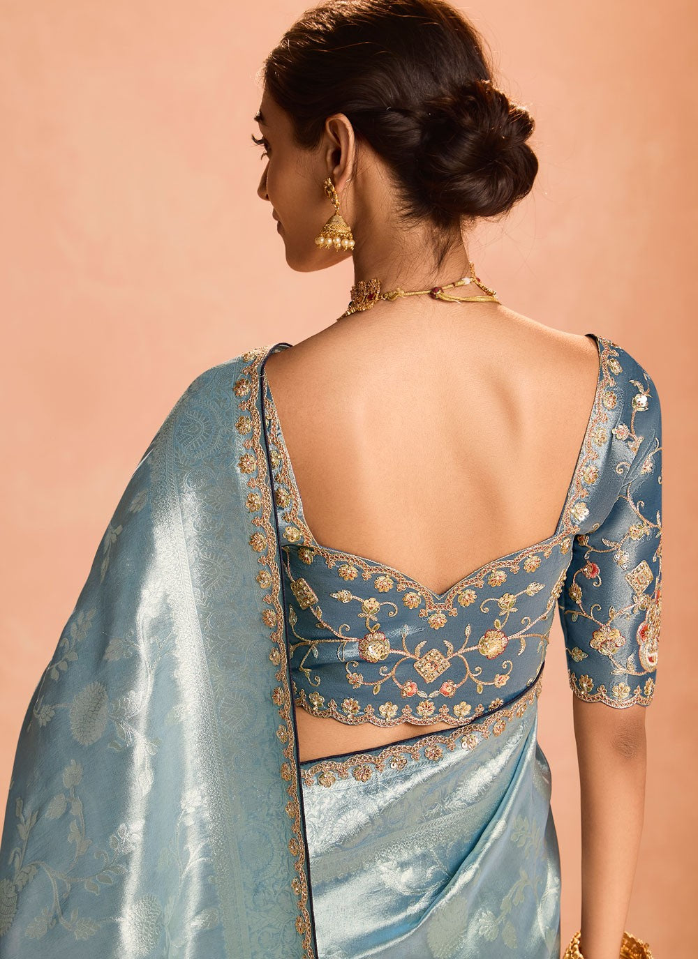 Traditional Embroidered Blue, Grey Silk S12846