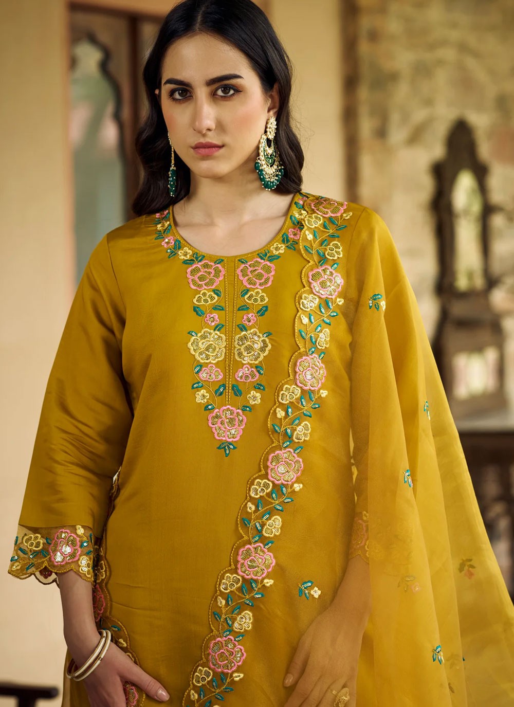 Pant Style Suit Embroidered, Sequins Mustard T6905