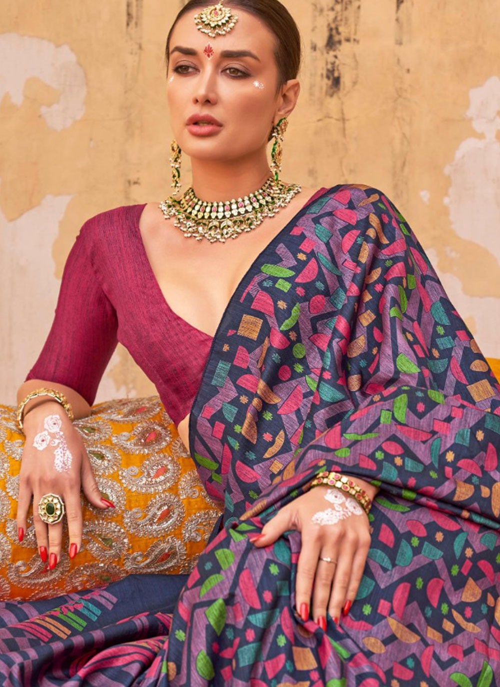Fancy Work Silk Navy Blue Saree S14772