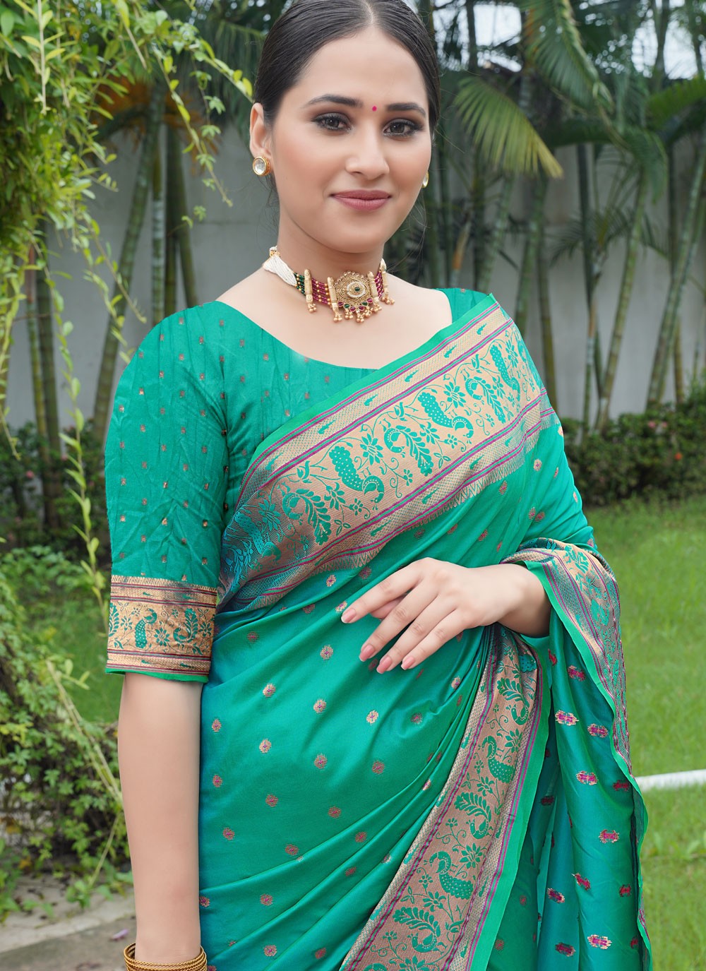 Trendy Saree Weaving Zari Turquoise Paithni S12646