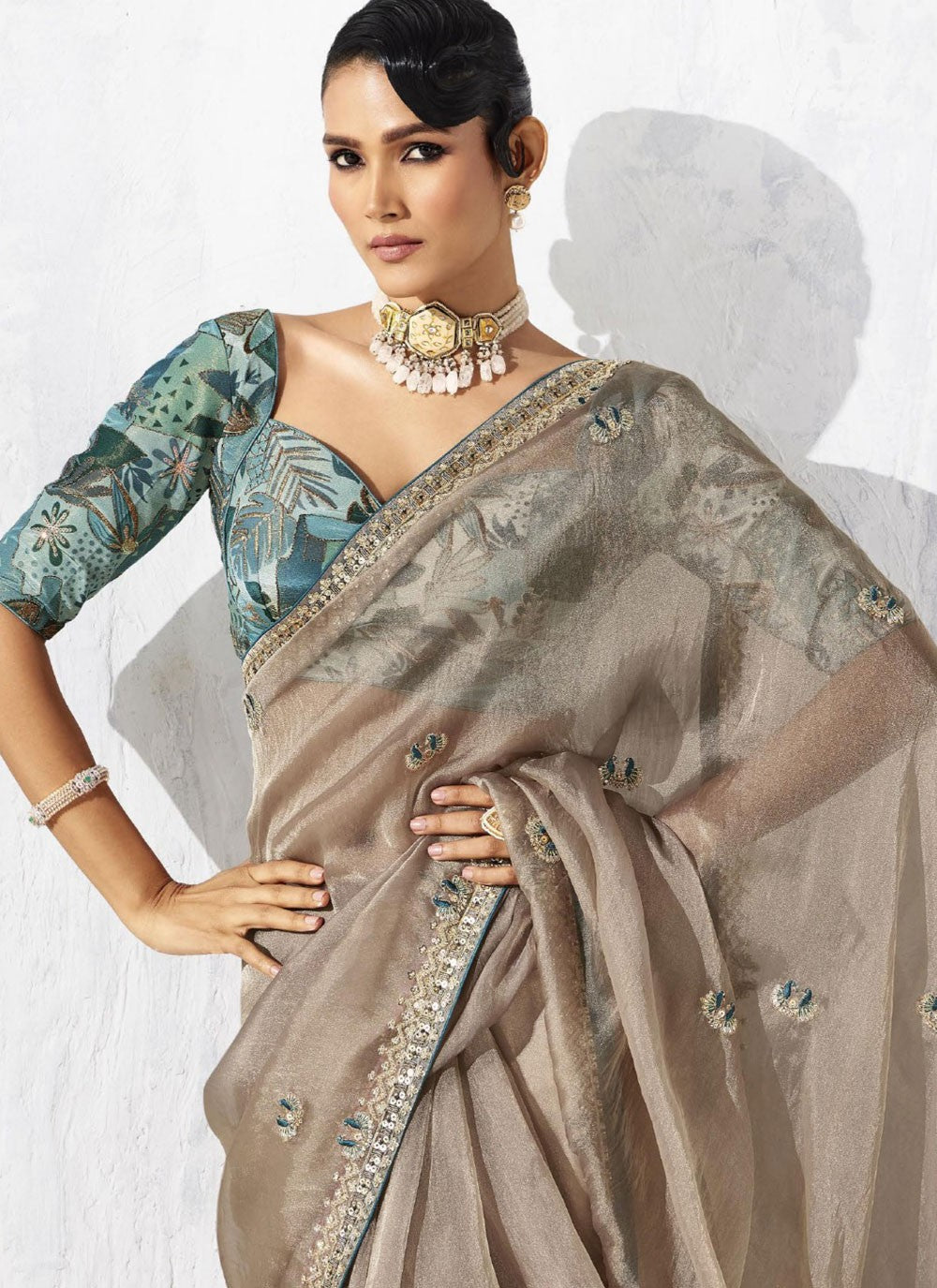 Grey Fancy Fabric Trendy Saree Border Work, Embroidered S19807