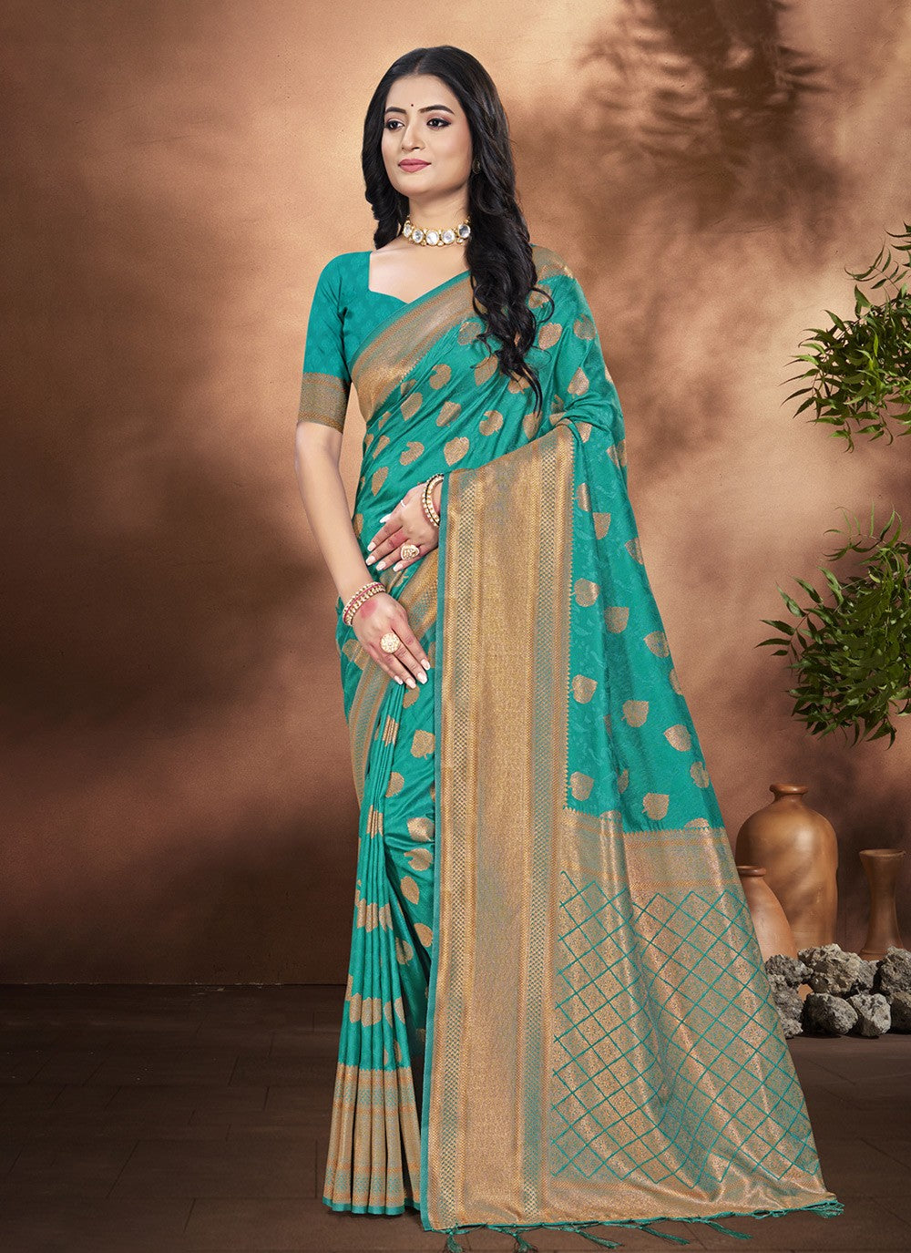 Trendy Saree Weaving Zari Turquoise Silk S12906