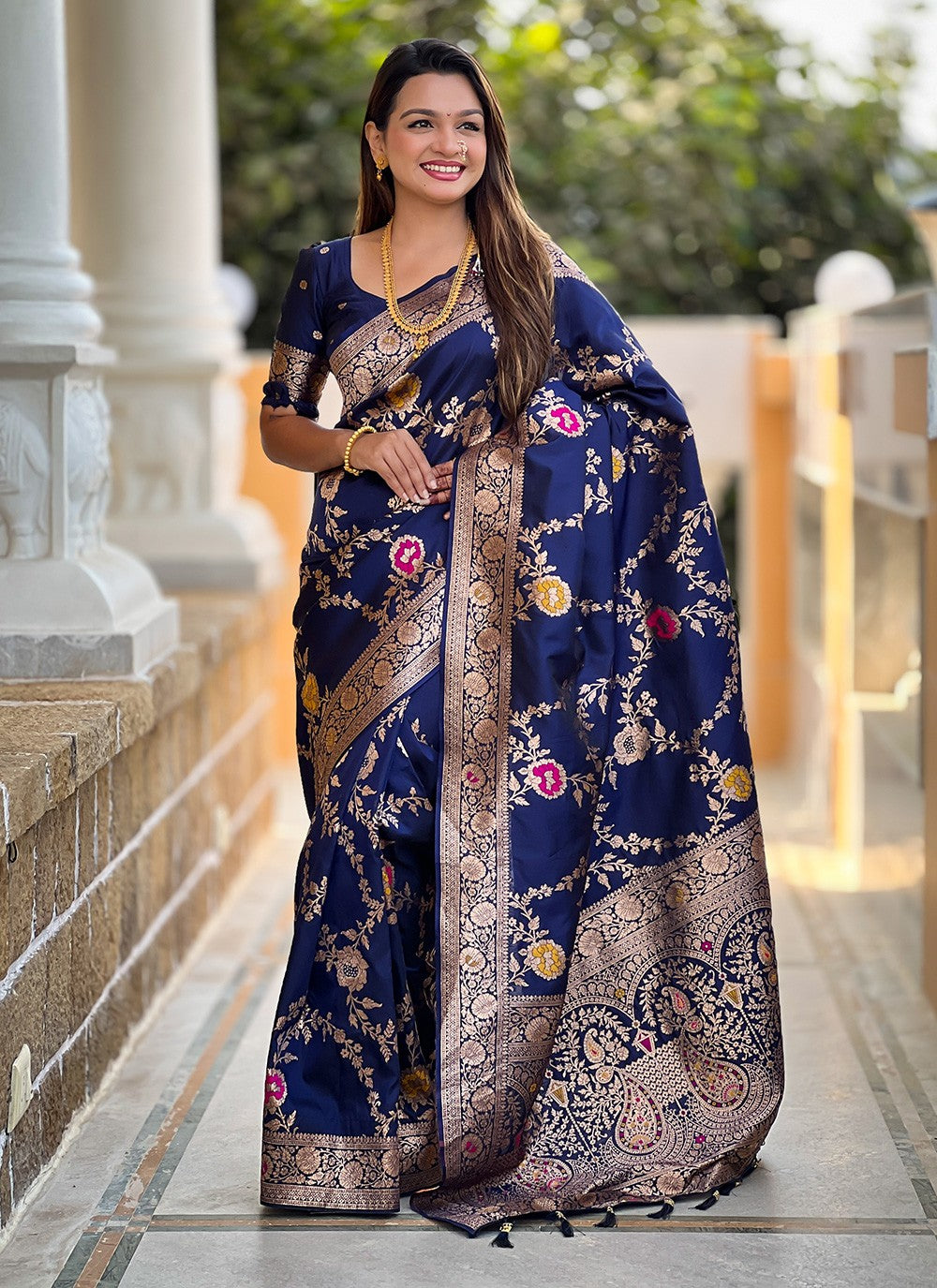 Navy Blue Banarasi Silk Trendy Saree Meenakari S16326
