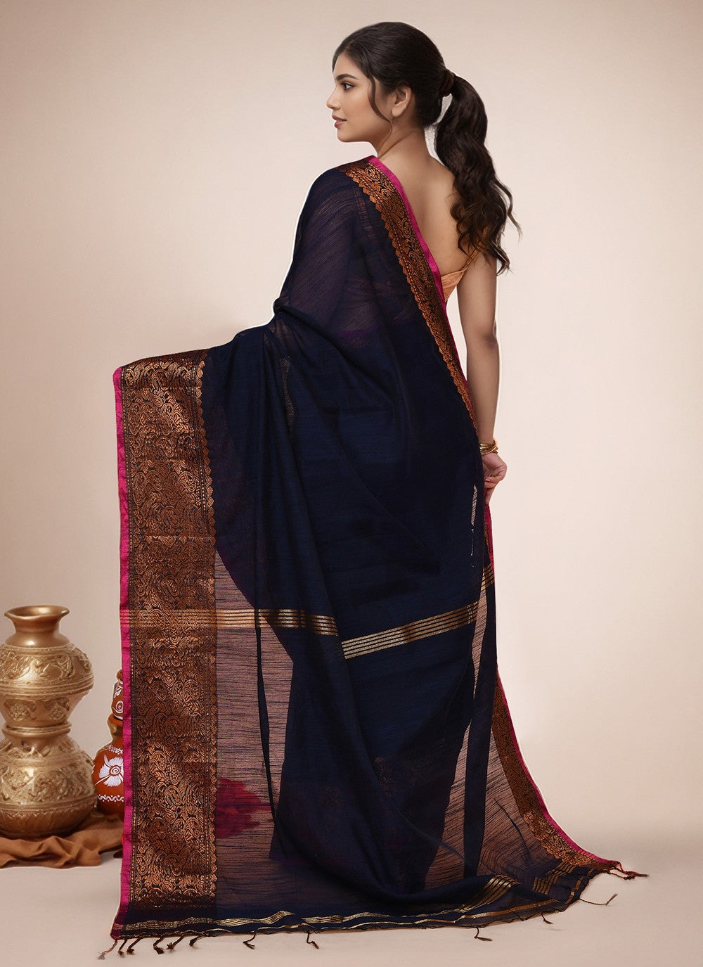 Blue Blended Cotton Trendy Saree Border Work S20014