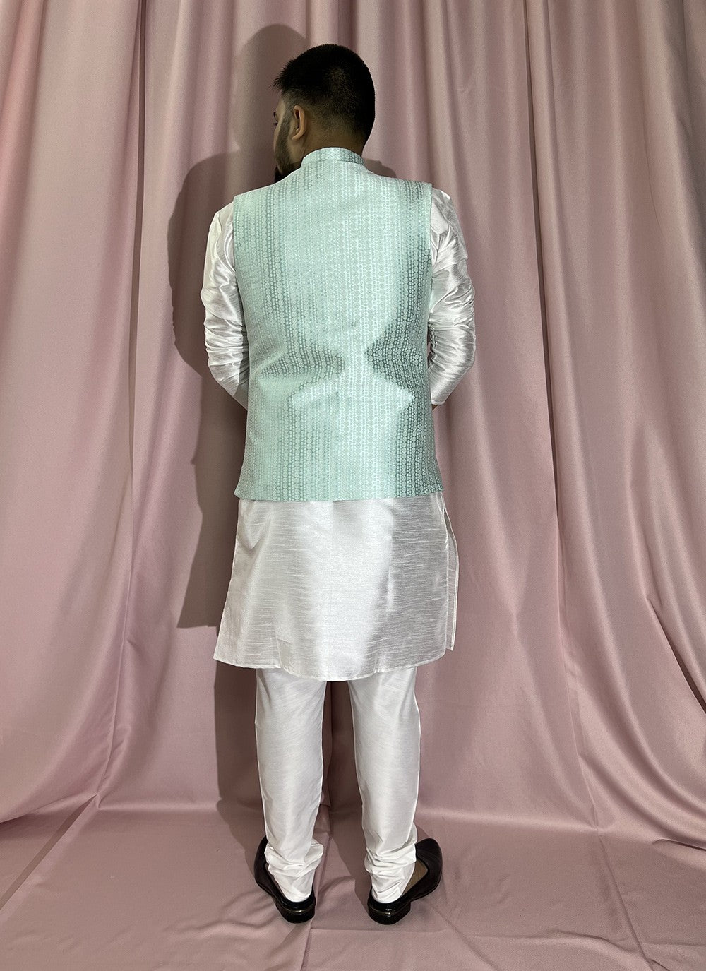 Fancy Work Jacquard, Silk Turquoise, White Kurta Payjama With Jacket - M5883