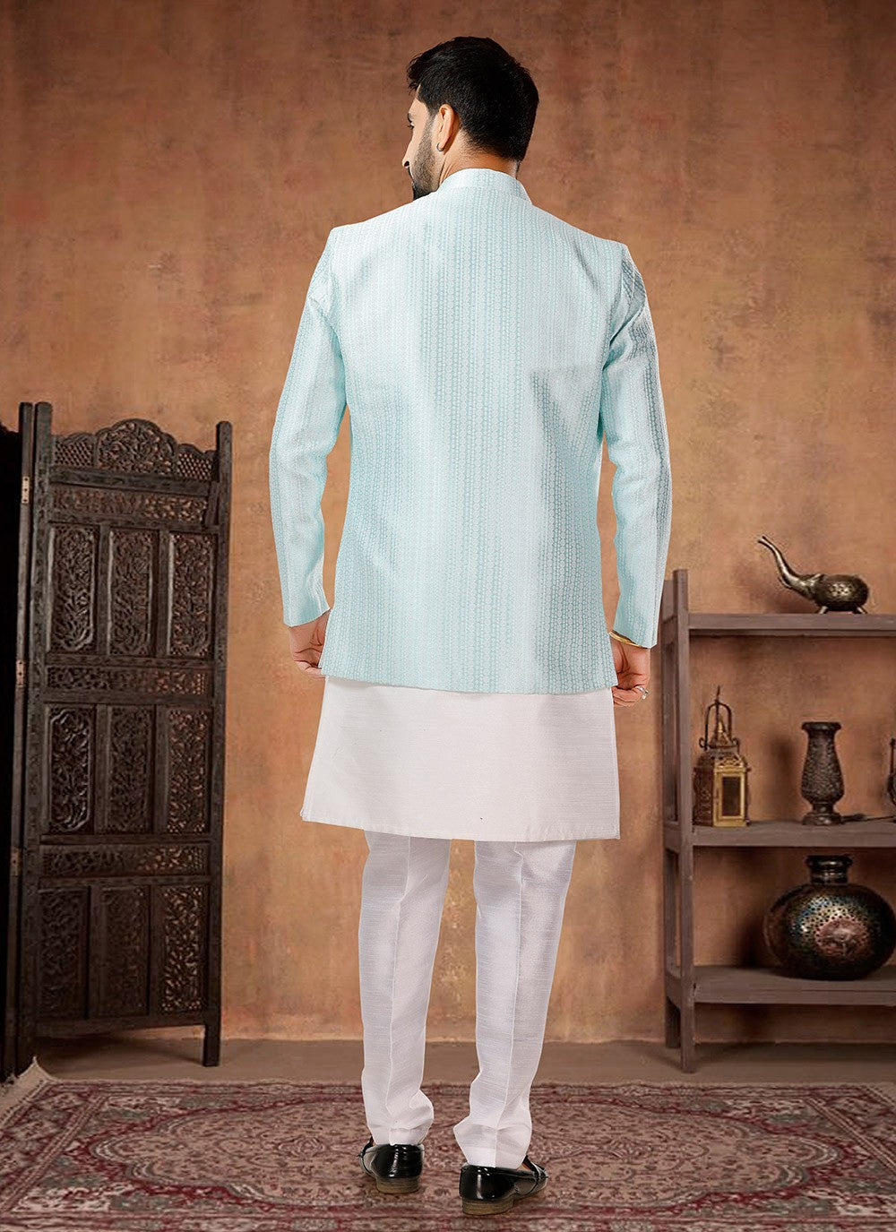 Embroidered Jacquard, Silk Turquoise, White Indo Western - M7029