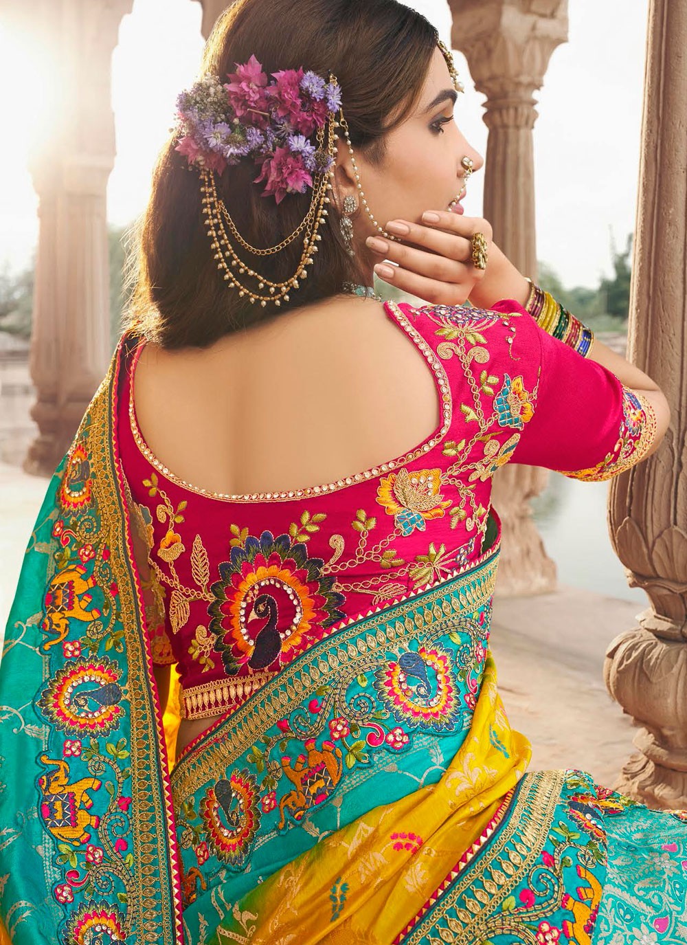 Embroidered Silk Turquoise Contemporary Saree S15317