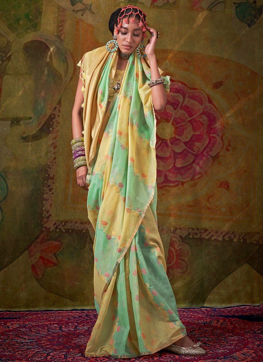 Classic Saree Weaving Zari Turquoise, Yellow Handloom Cotton Saree S13613