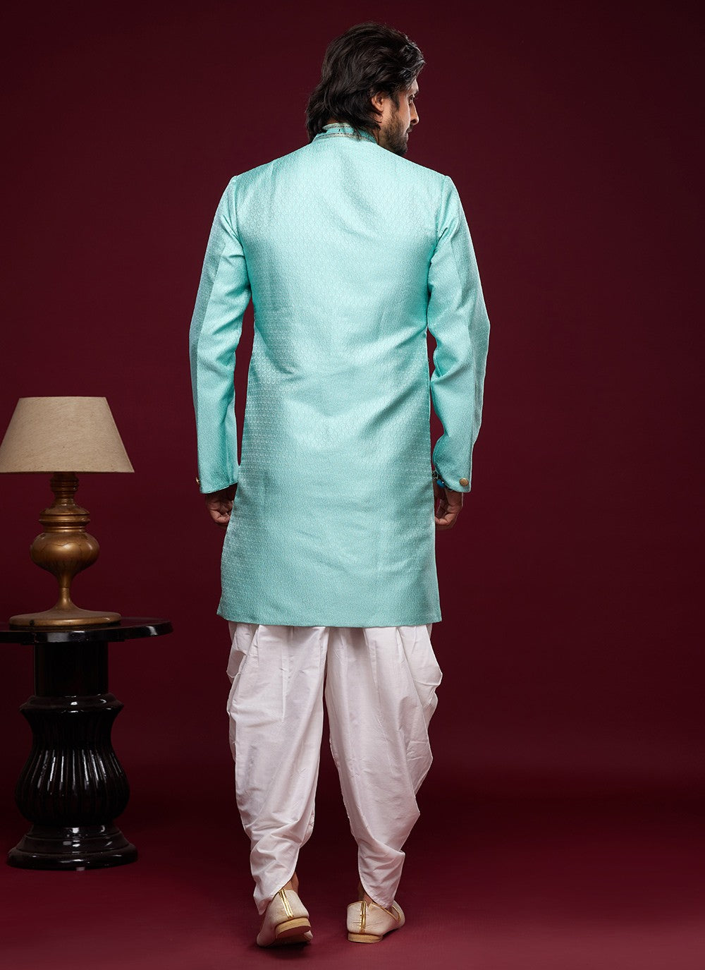 Embroidered Banarasi Jacquard Turquoise Indo Western Sherwani - M5789