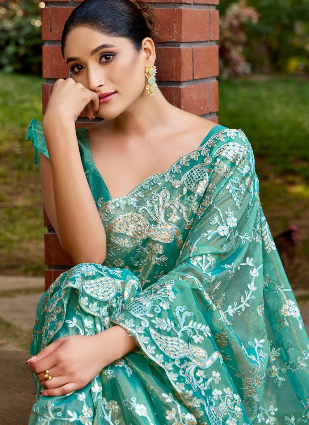 Classic Saree Embroidered Turquoise Net Saree S13475