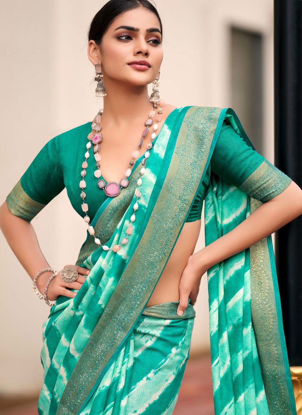 Turquoise Silk Classic Saree Border Work, Jacquard Work, Strips S17879