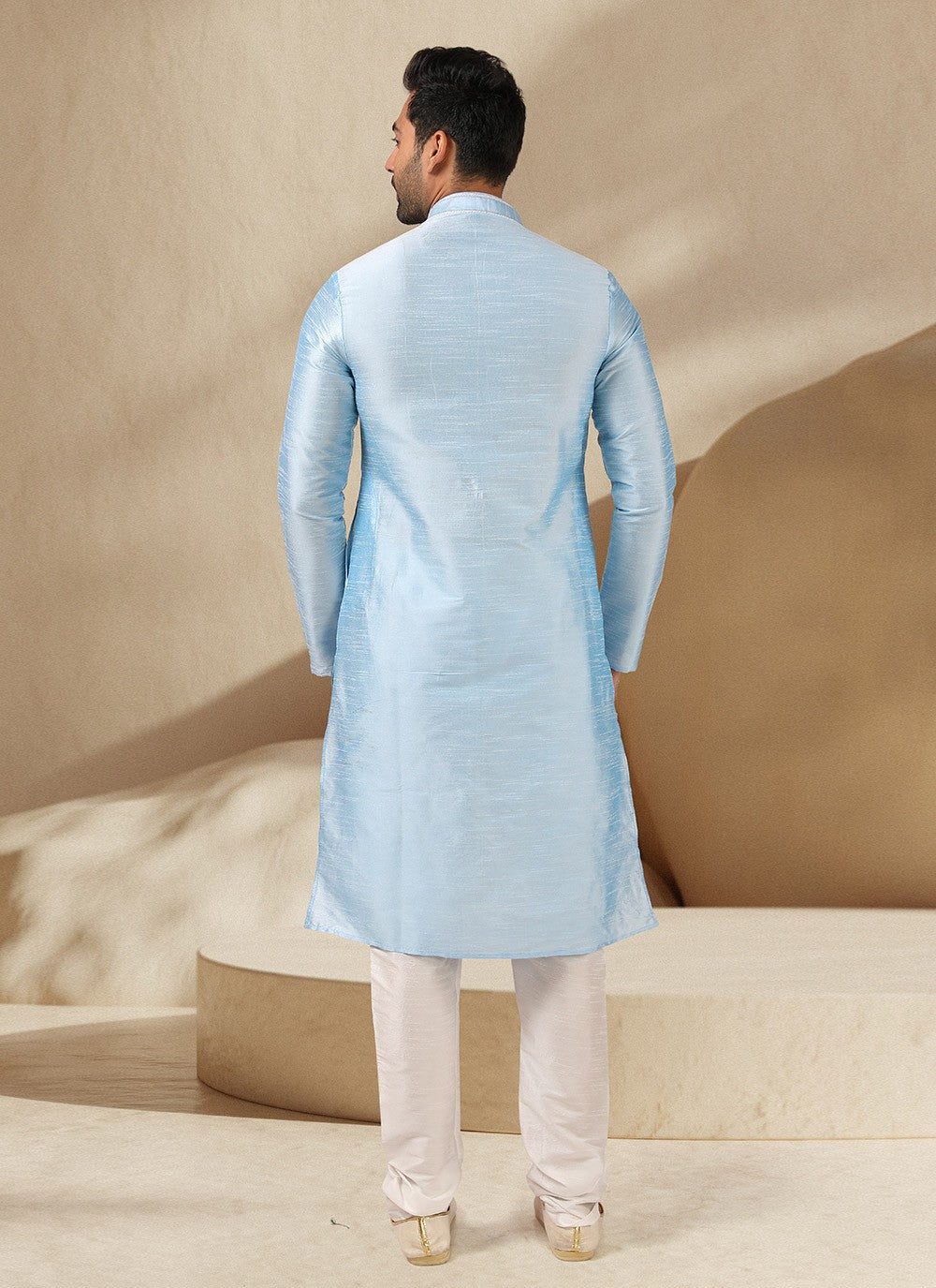 Embroidered Banarasi Silk Turquoise Kurta Pyjama - M3234