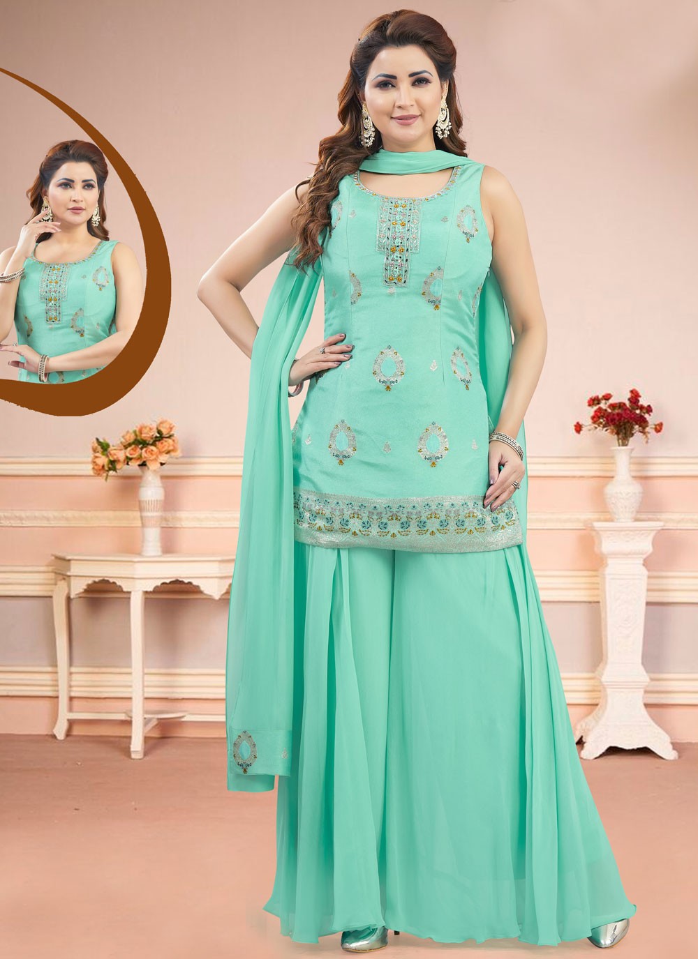 Palazzo Suit Embroidered Turquoise Silk T5858
