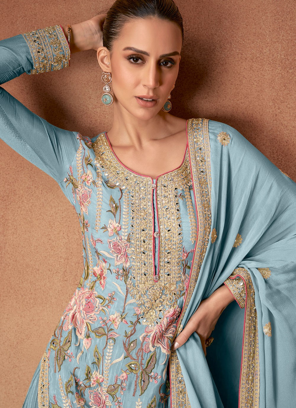 Salwar Suit Embroidered Turquoise Chinon T5343