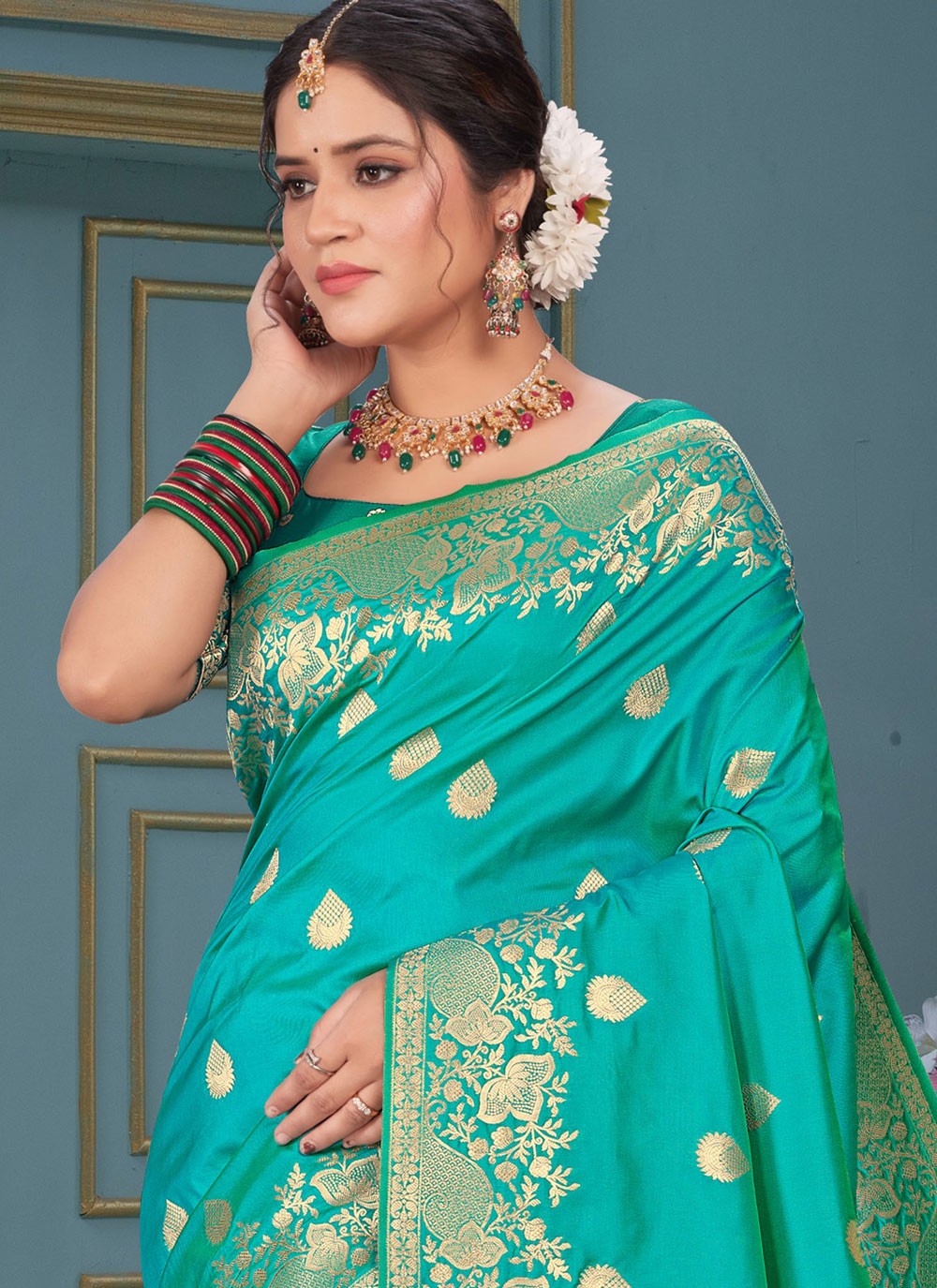 Contemporary Jacquard Work Turquoise Silk S12855