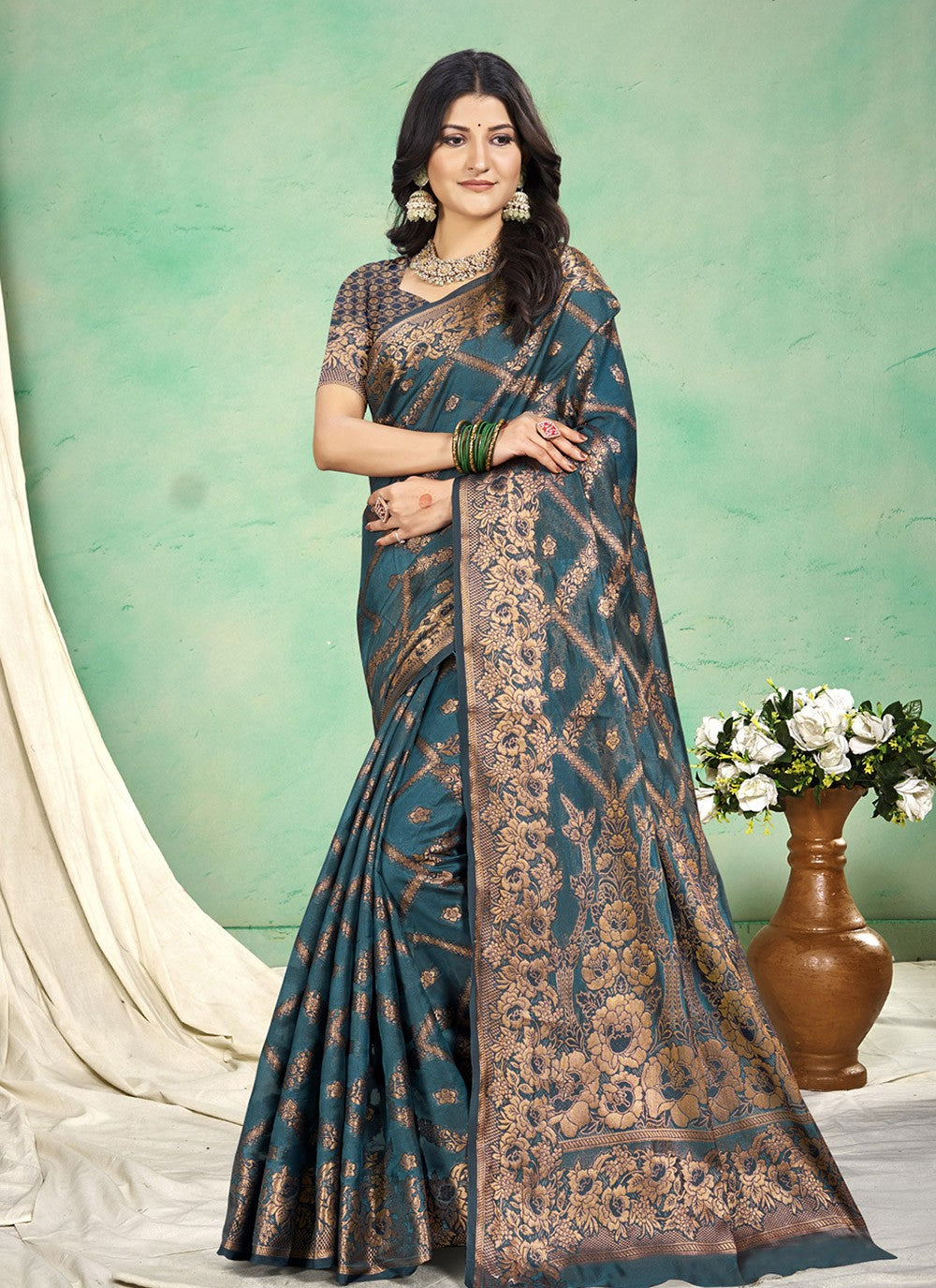 Contemporary Woven Turquoise Silk Saree S12713