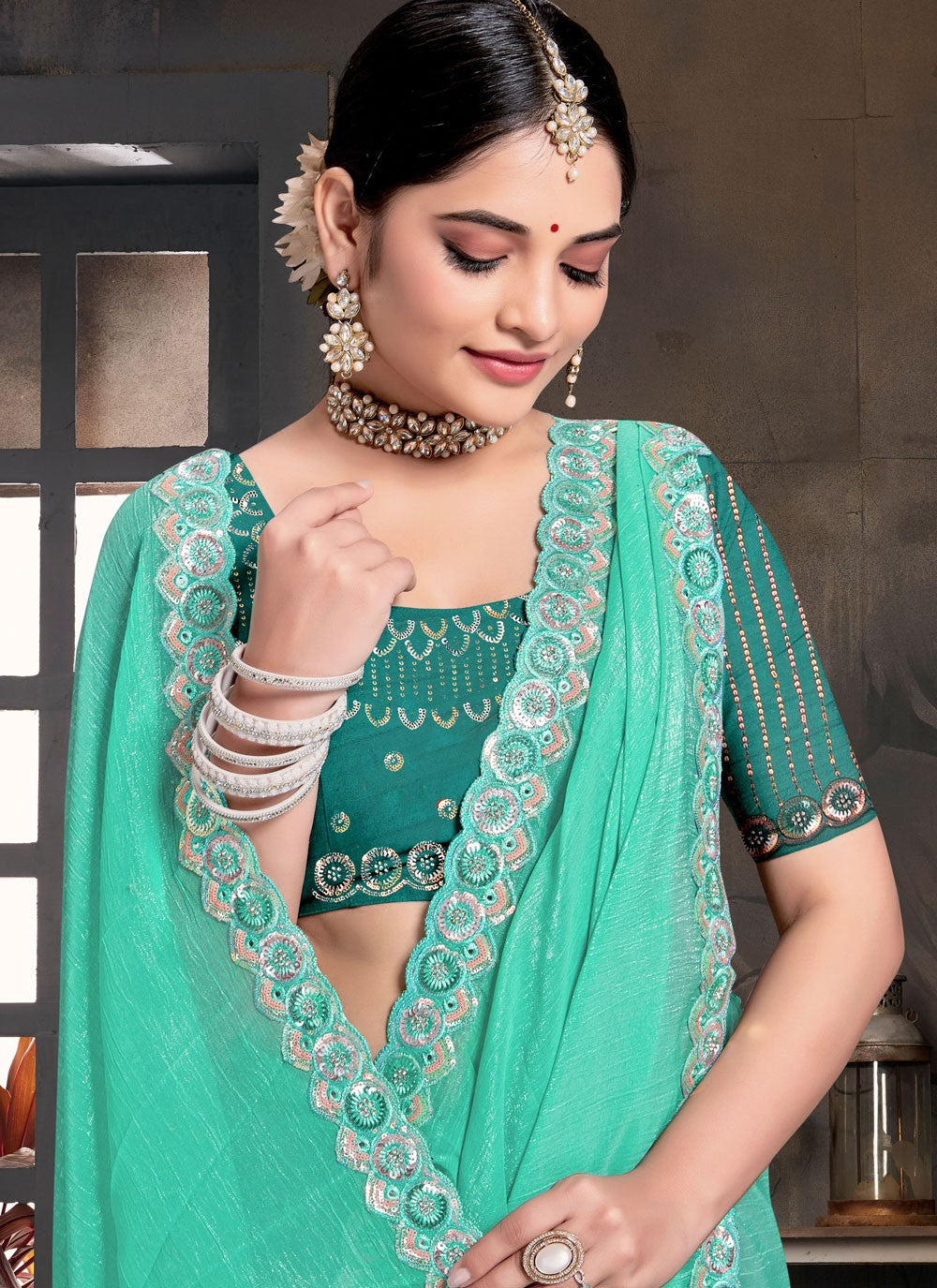 Contemporary Embroidered Turquoise Silk Saree S13118