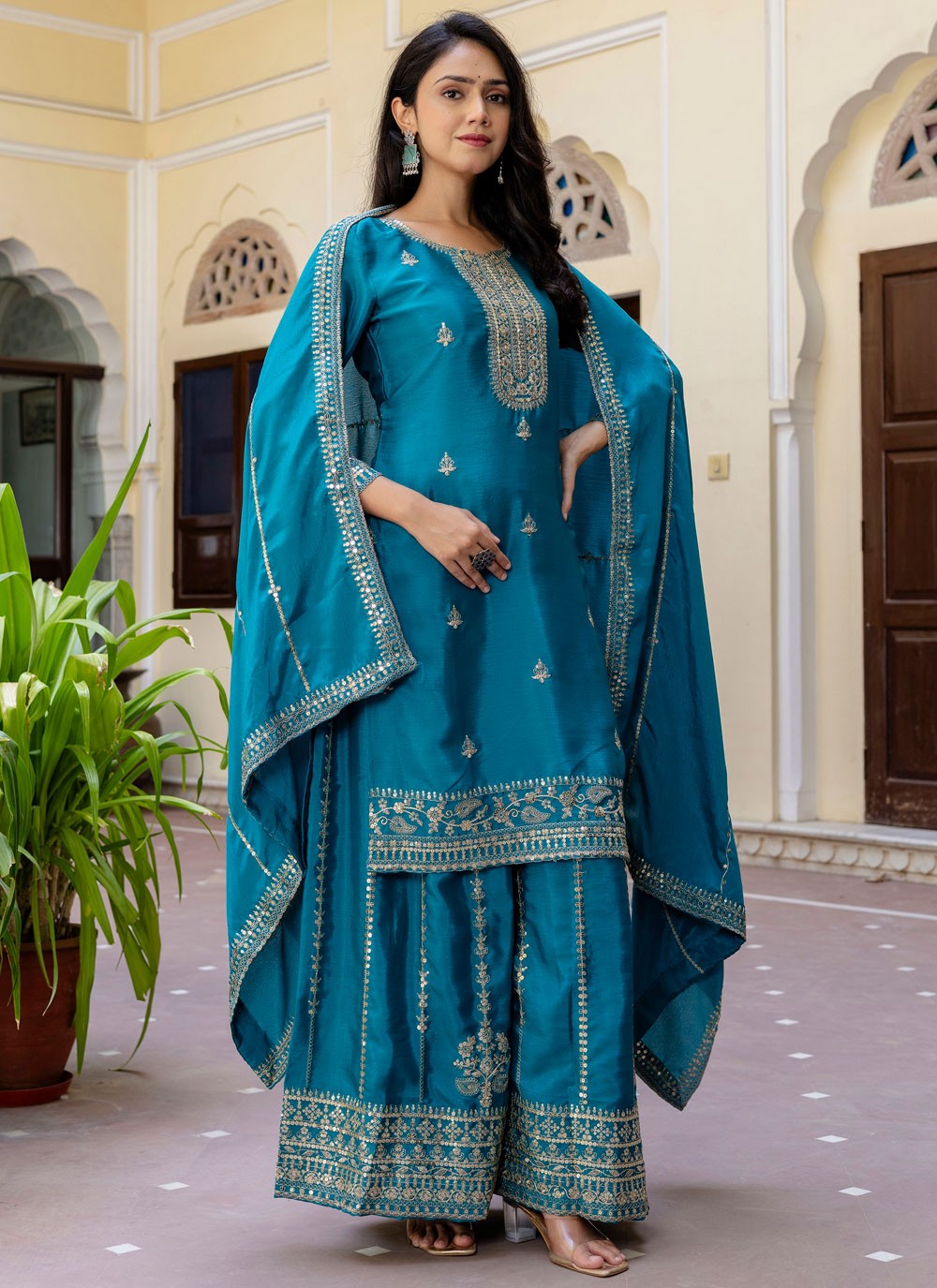 Palazzo Suit Embroidered Turquoise T8507
