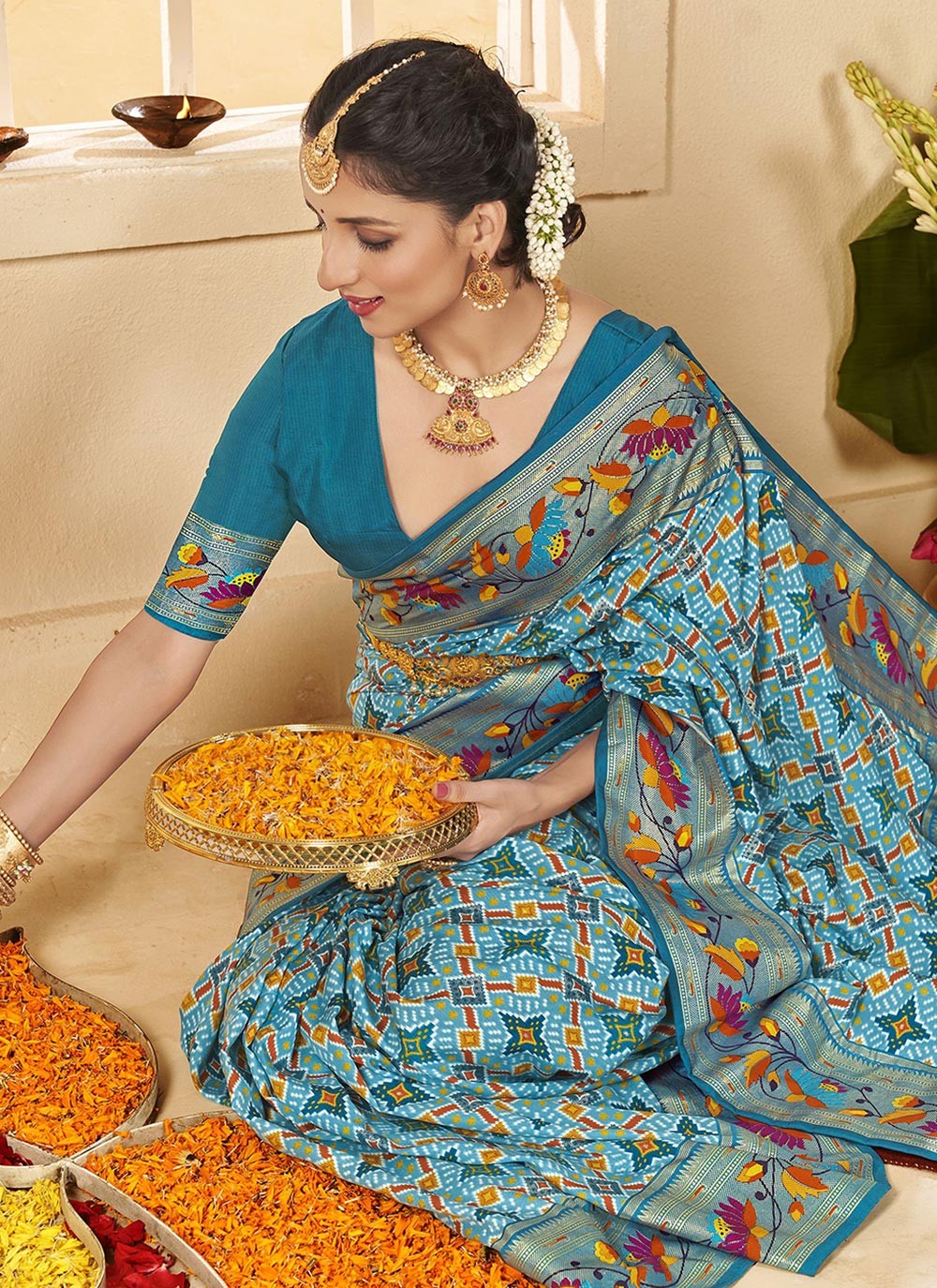 Border Work Cotton Silk Turquoise Contemporary Saree S15295