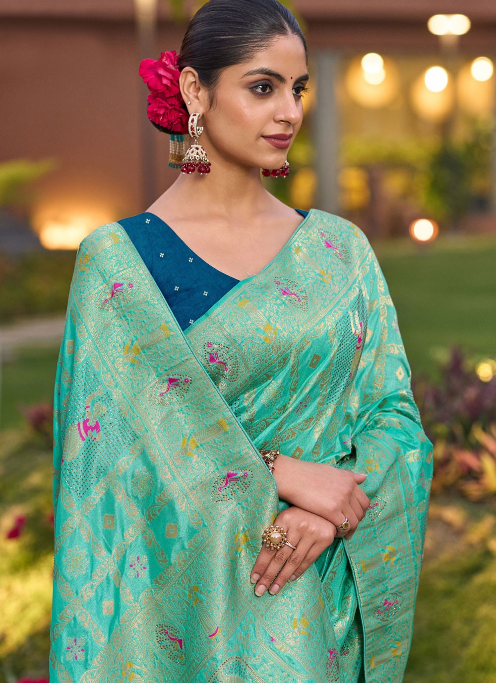 Turquoise Pure Dola Classic Saree Fancy Work, Stones, Woven S17324