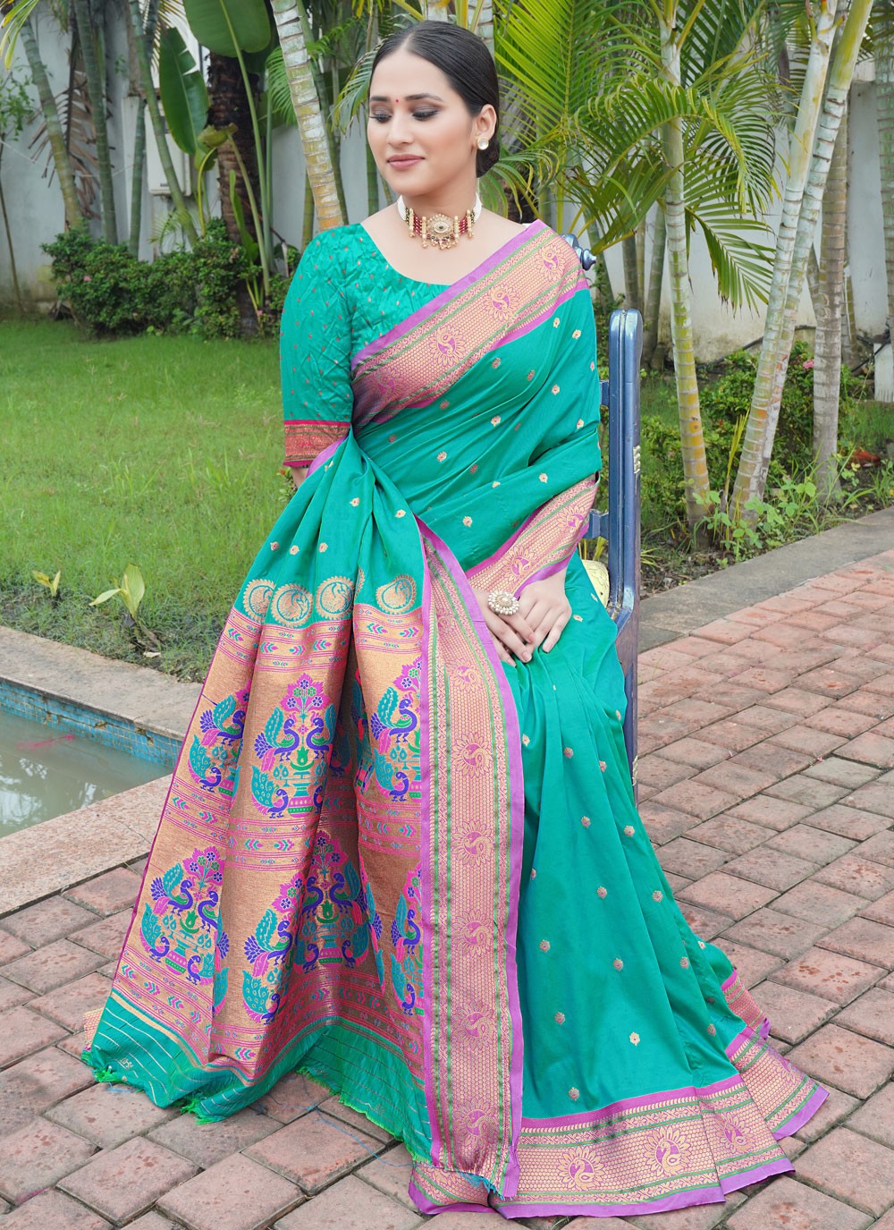 Designer Border Work Turquoise Silk S12431