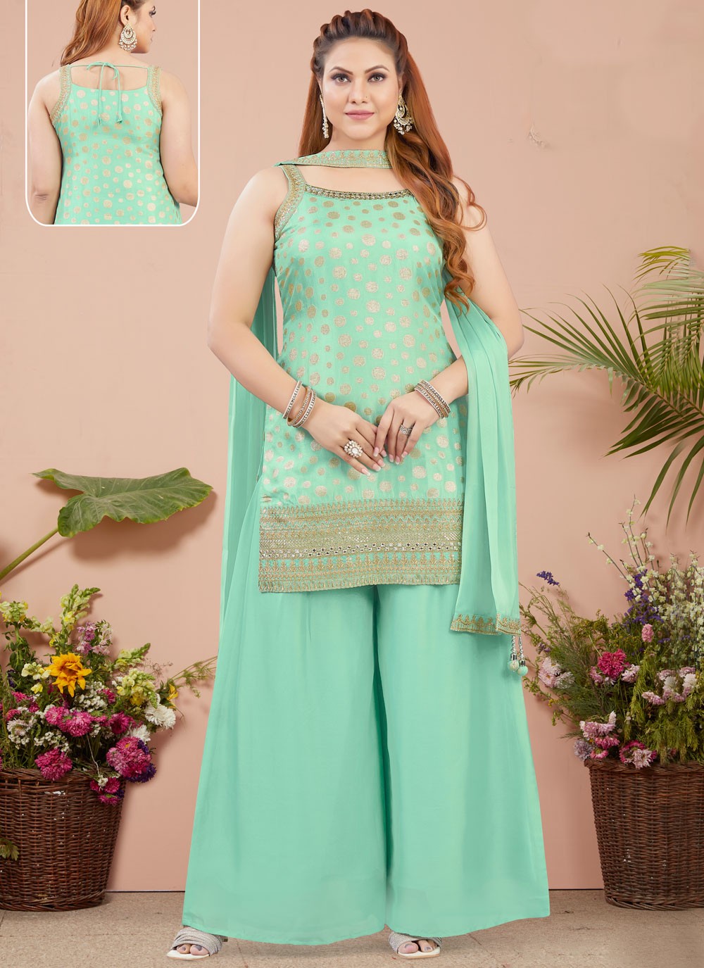 Salwar Suit Weaving Zari Turquoise Silk T5233