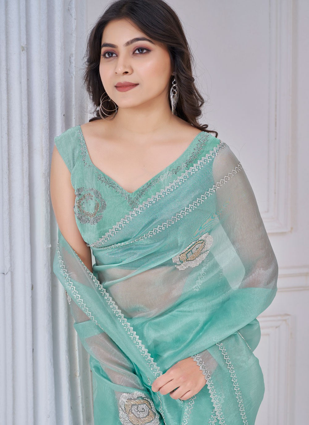 Swarovski Organza Turquoise Designer Saree S15116