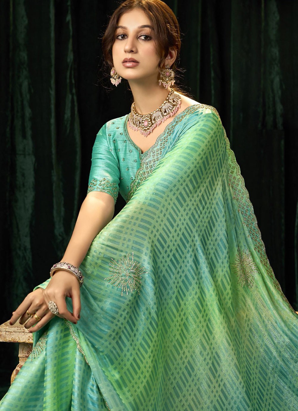Turquoise Silk Trendy Saree Beads, Border Work, Thread S19296