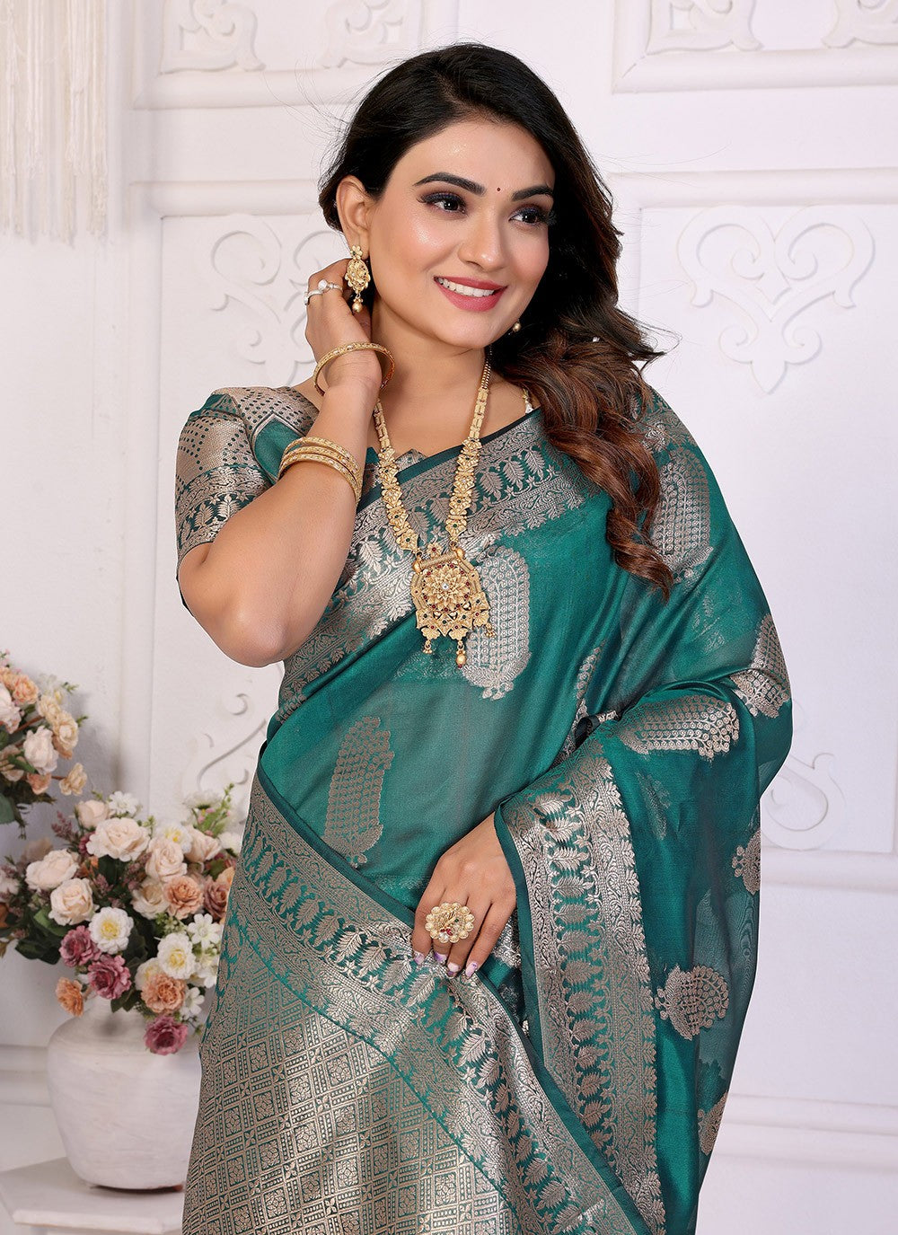 Weaving Zari Organza Turquoise Saree S14354