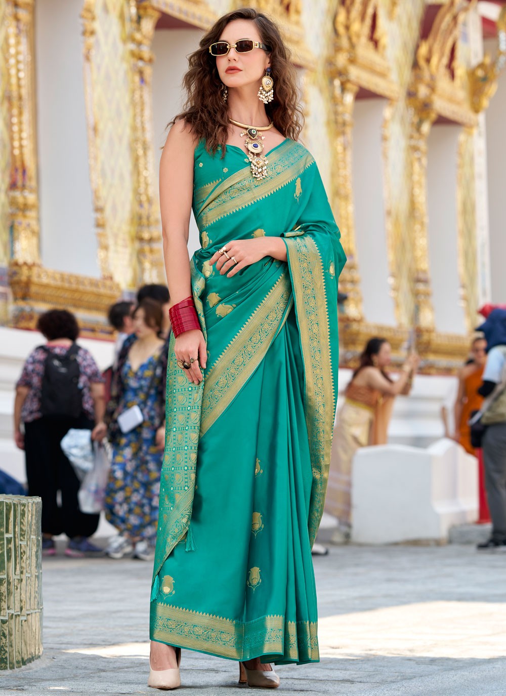 Weaving Zari Satin Silk Turquoise Saree S14437