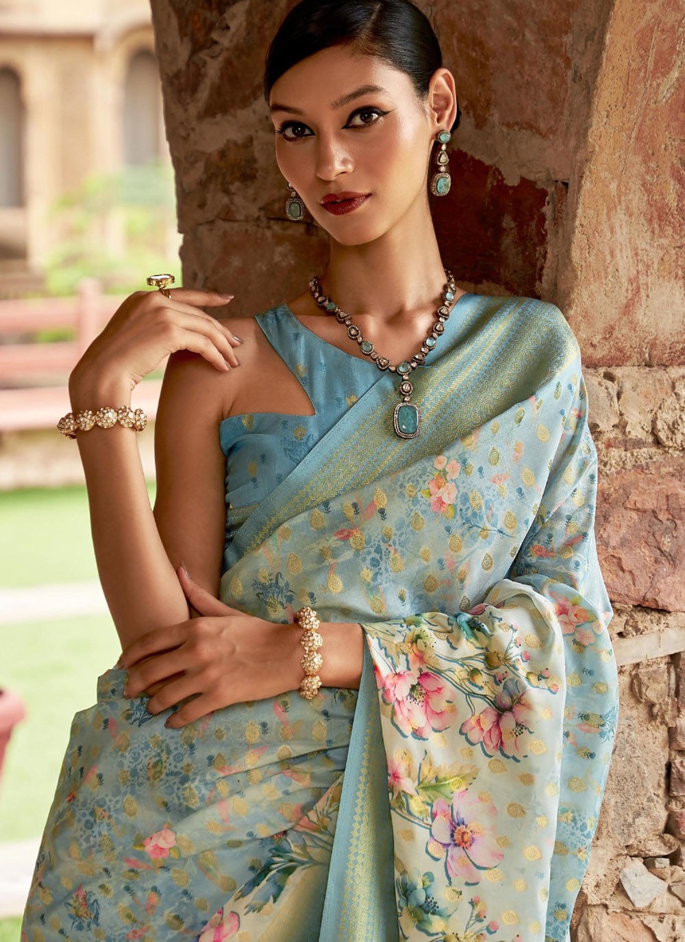 Designer Digital Print Blue Tussar Silk Saree S13226