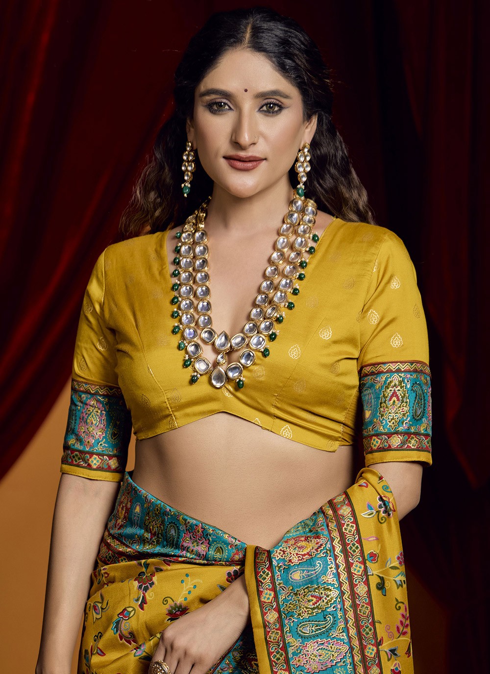 Paisley Printed Tussar Silk Mustard Trendy Saree S15399