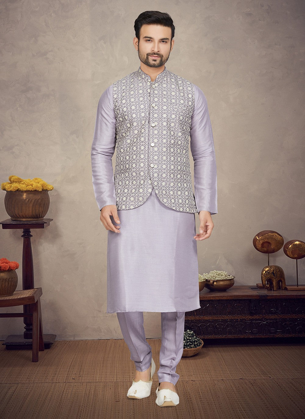 Resham Thread Work Tussar Silk Purple Kurta Payjama With Jacket - M5970