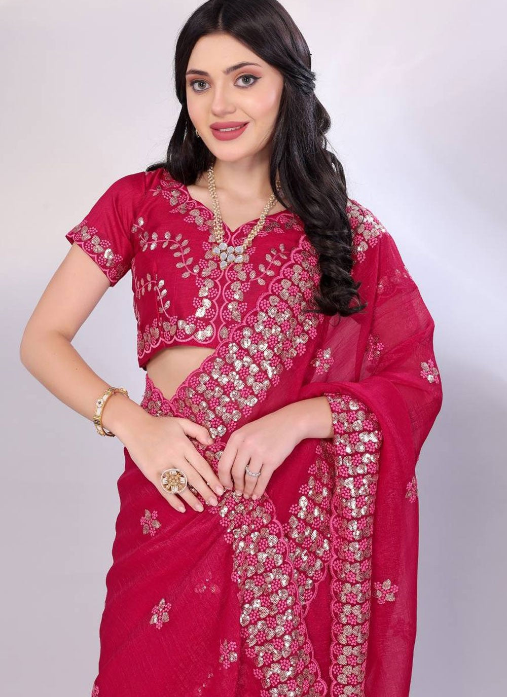 Trendy Saree Cut Work Hot Pink, Red Tussar Silk Saree S13725