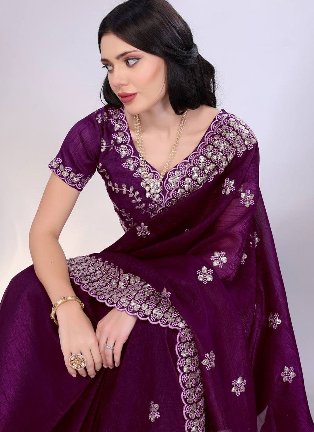 Traditional Cut Work Purple Tussar Silk Saree S13724