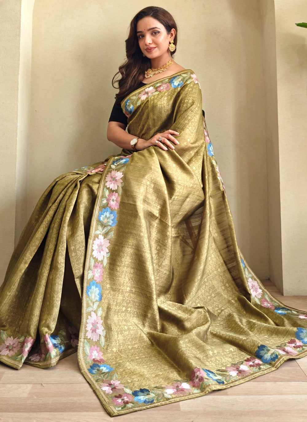 Green Tussar Silk Trendy Saree Border Work, Thread S17283