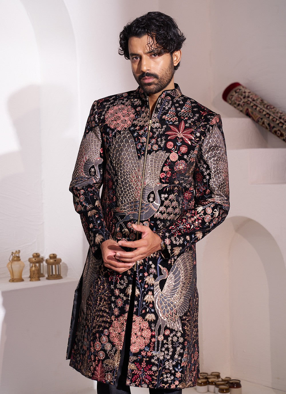 Embroidered Velvet Black, Multi Colour Sherwani - M8419