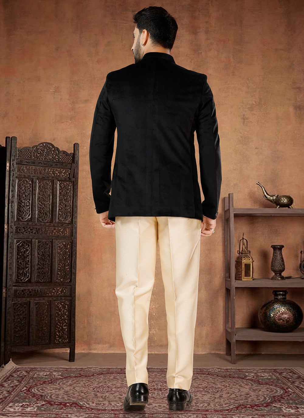 Buttons Velvet Black Jodhpuri Suit - M7064