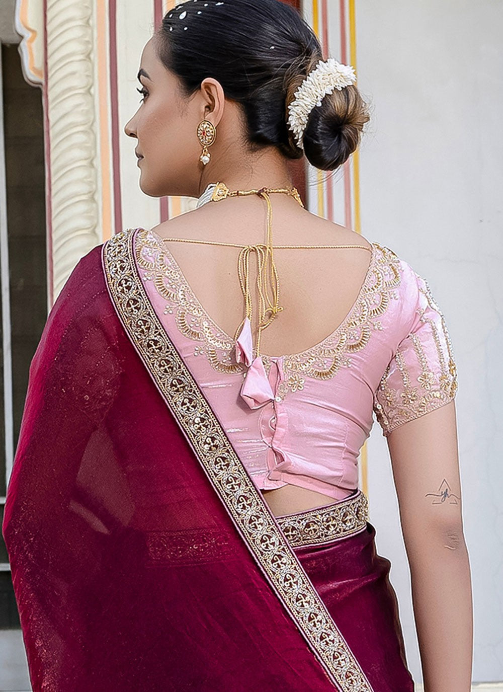 Wine Satin Contemporary Saree Cut Work, Hand Embroidery, Lace S15765